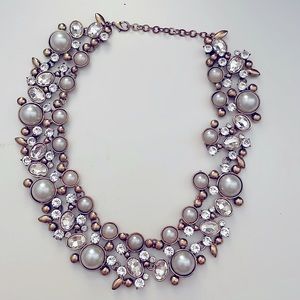 Statement Necklace 18” Faux -Ivory/Cream Pearls Clear Diamonds Bronze